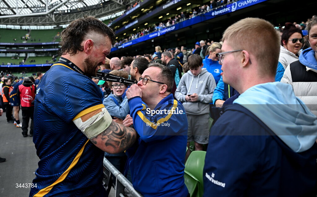2 May 2026; Andrew Porter of Leinster with supporters after the Investec Champions Cup semi-final match between Leinster and RC Toulon at the Aviva Stadium in Dublin. Photo by Seb Daly/Sportsfile