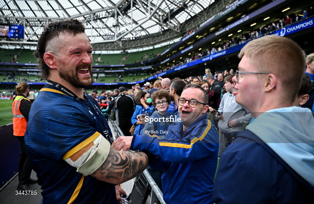 2 May 2026; Andrew Porter of Leinster with supporters after the Investec Champions Cup semi-final match between Leinster and RC Toulon at the Aviva Stadium in Dublin. Photo by Seb Daly/Sportsfile