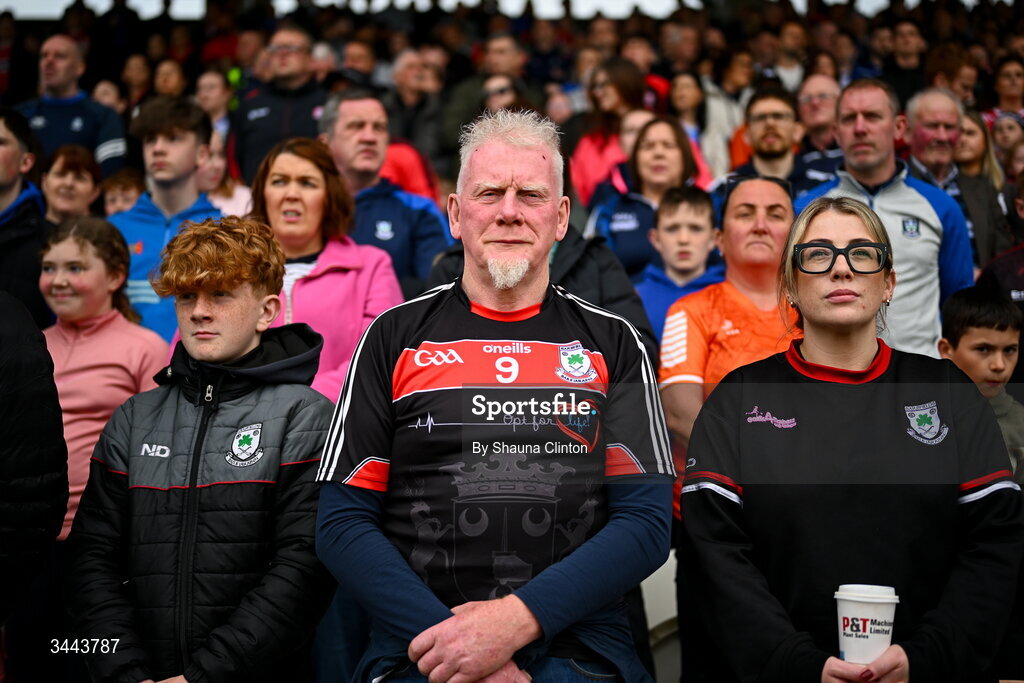 2 May 2026; Spectators stand for the playing of Amhrán na bhFiann ahead of the Ulster GAA Football Senior Championship semi-final match between Derry and Monaghan at BOX-IT Athletic Grounds in Armagh. Photo by Shauna Clinton/Sportsfile