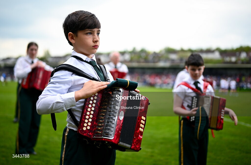 2 May 2026; Members of the marching band stand for the playing of Amhrán na bhFiann ahead of the Ulster GAA Football Senior Championship semi-final match between Derry and Monaghan at BOX-IT Athletic Grounds in Armagh. Photo by Shauna Clinton/Sportsfile