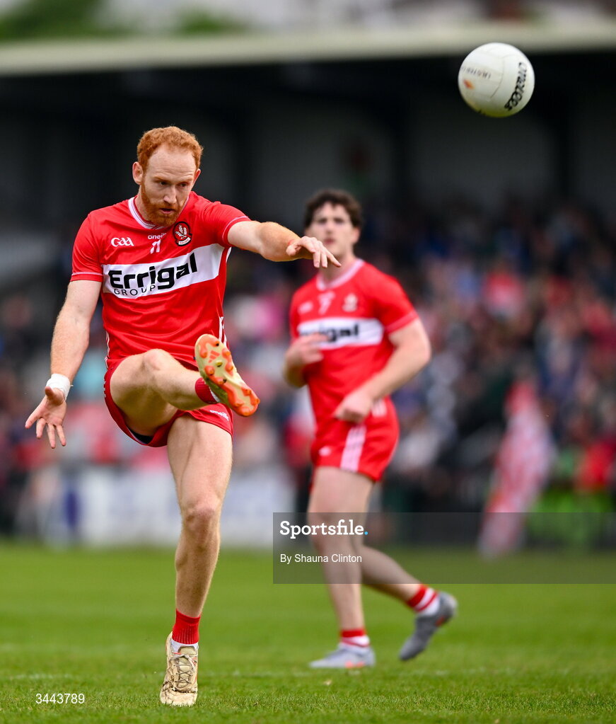 2 May 2026; Conor Glass of Derry kicks a point during the Ulster GAA Football Senior Championship semi-final match between Derry and Monaghan at BOX-IT Athletic Grounds in Armagh. Photo by Shauna Clinton/Sportsfile