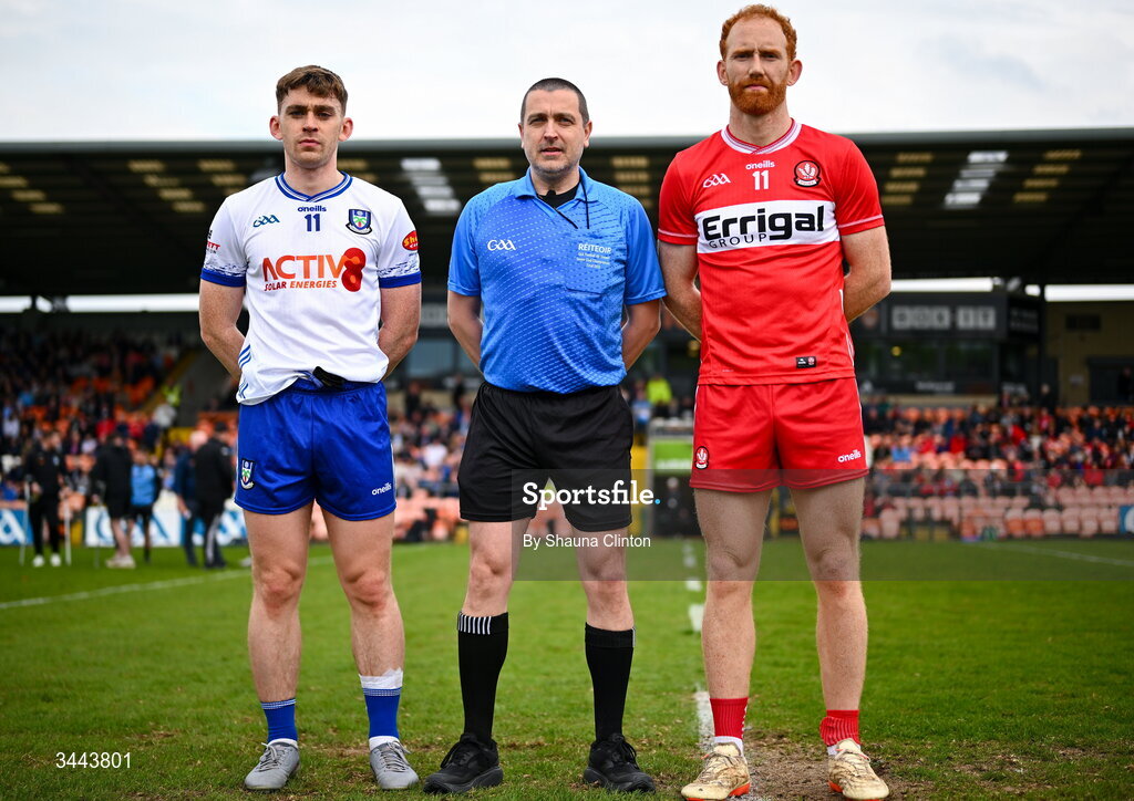 2 May 2026; Referee Noel Mooney, centre, is joined by Monaghan captain Micheal Bannigan, left, and Derry captain Conor Glass for the coin toss ahead of the Ulster GAA Football Senior Championship semi-final match between Derry and Monaghan at BOX-IT Athletic Grounds in Armagh. Photo by Shauna Clinton/Sportsfile