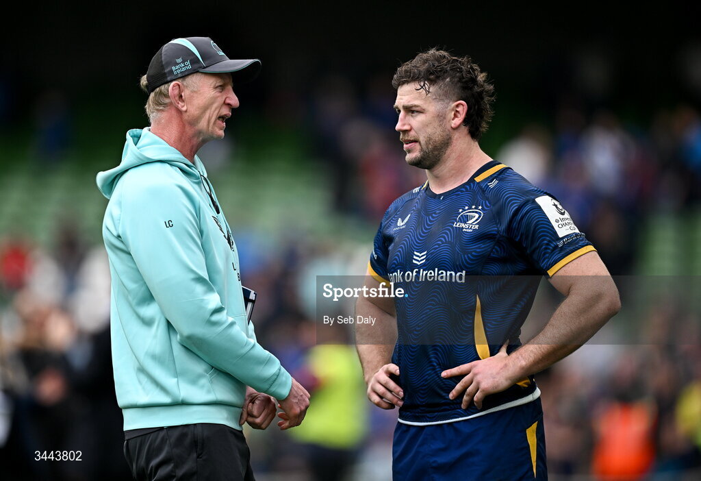 2 May 2026; Leinster head coach Leo Cullen and Leinster captain Caelan Doris after the Investec Champions Cup semi-final match between Leinster and RC Toulon at the Aviva Stadium in Dublin. Photo by Seb Daly/Sportsfile