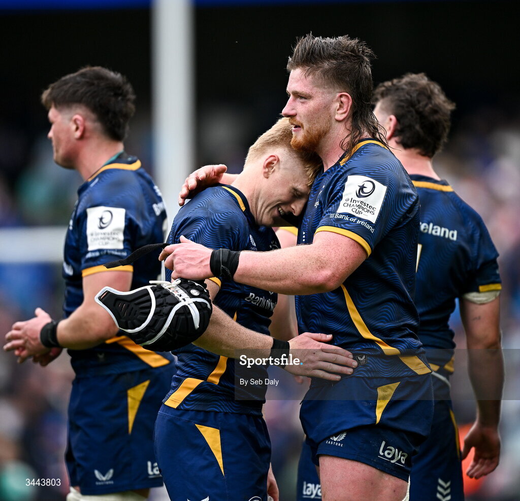 2 May 2026; Tommy O'Brien, left, and Joe McCarthy of Leinster after the Investec Champions Cup semi-final match between Leinster and RC Toulon at the Aviva Stadium in Dublin. Photo by Seb Daly/Sportsfile