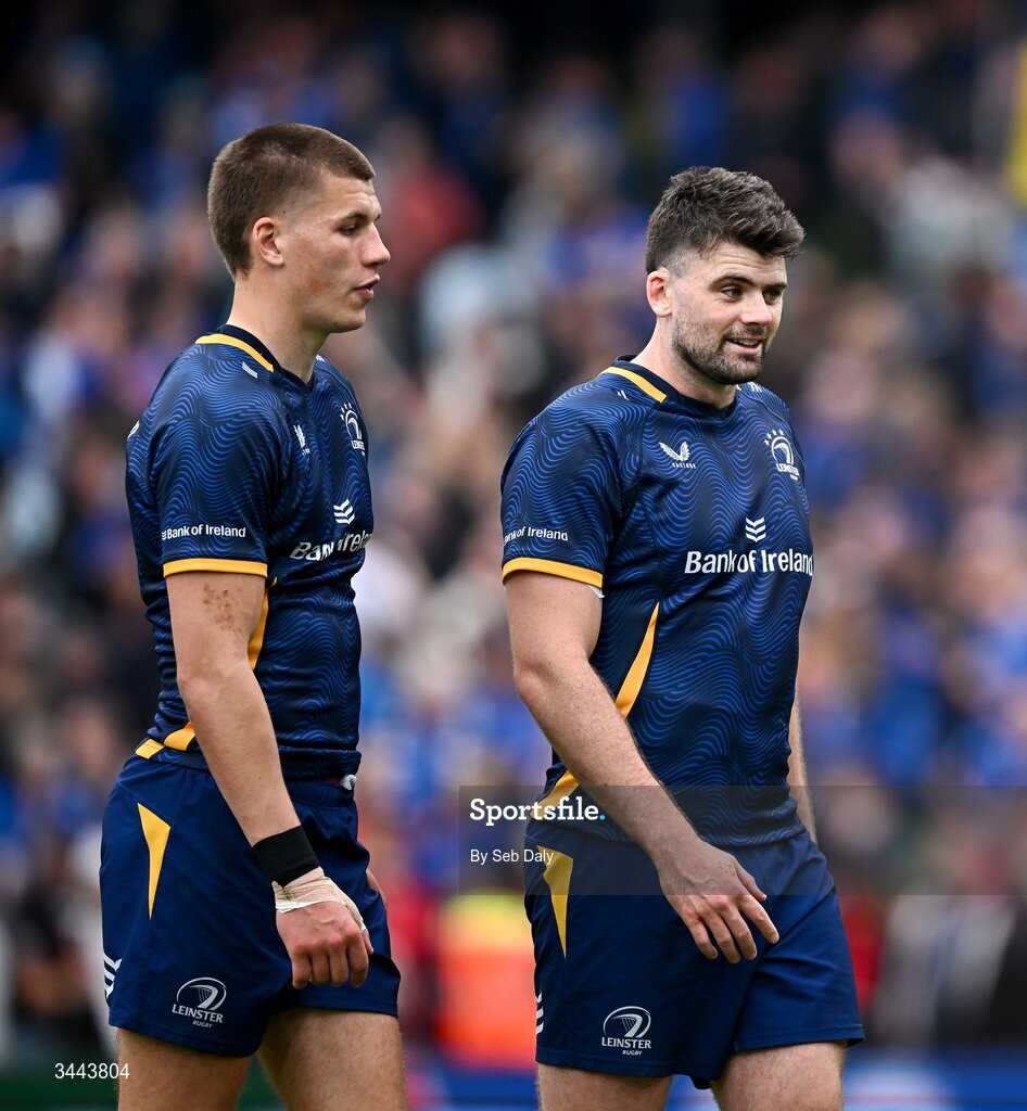 2 May 2026; Sam Prendergast, left, and Harry Byrne of Leinster after the Investec Champions Cup semi-final match between Leinster and RC Toulon at the Aviva Stadium in Dublin. Photo by Seb Daly/Sportsfile