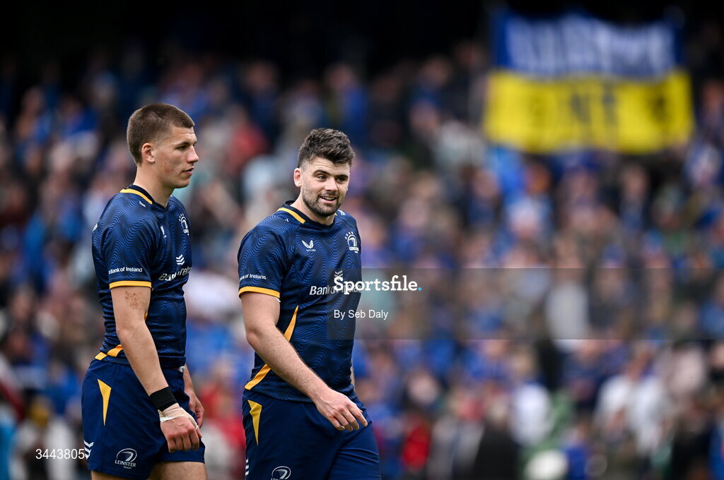 2 May 2026; Sam Prendergast, left, and Harry Byrne of Leinster after the Investec Champions Cup semi-final match between Leinster and RC Toulon at the Aviva Stadium in Dublin. Photo by Seb Daly/Sportsfile