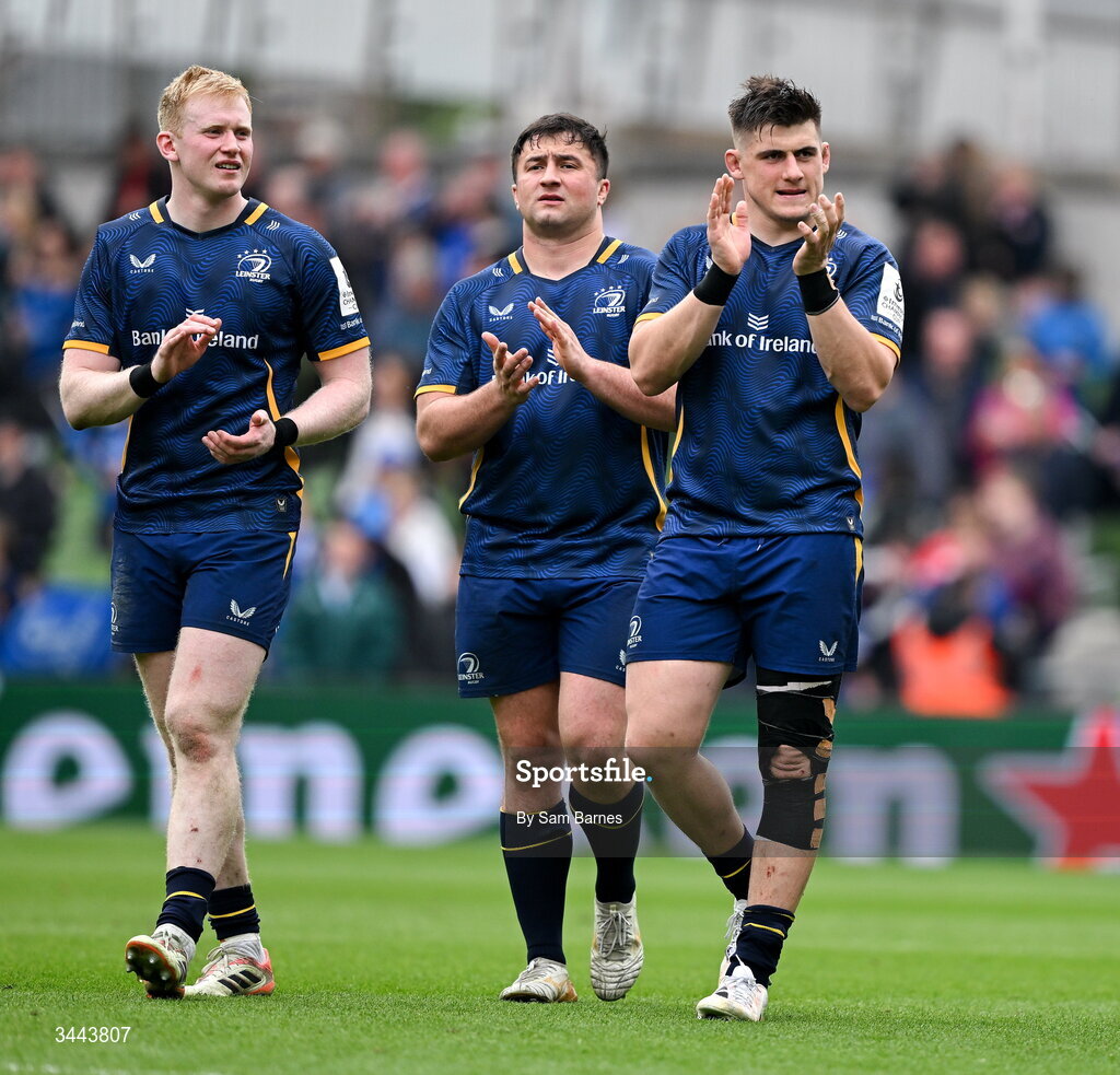 2 May 2026; Leinster players, from left, Jamie Osborne, Thomas Clarkson and Dan Sheehan after the Investec Champions Cup semi-final match between Leinster and RC Toulon at the Aviva Stadium in Dublin. Photo by Sam Barnes/Sportsfile