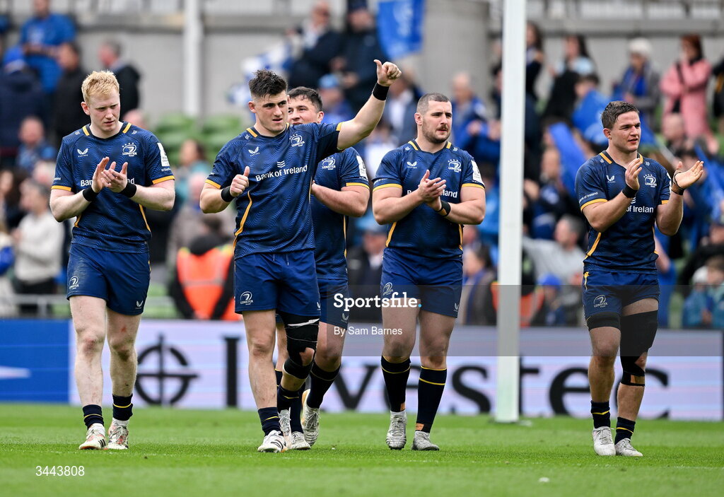 2 May 2026; Leinster players, from left, Jamie Osborne, Dan Sheehan, Thomas Clarkson, Jerry Cahir, and Scott Penny after the Investec Champions Cup semi-final match between Leinster and RC Toulon at the Aviva Stadium in Dublin. Photo by Sam Barnes/Sportsfile