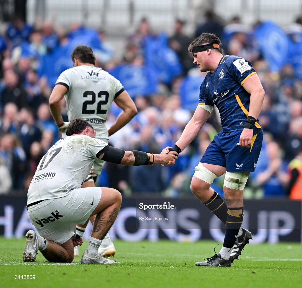 2 May 2026; Alex Soroka of Leinster and Daniel Brennan of RC Toulon after the Investec Champions Cup semi-final match between Leinster and RC Toulon at the Aviva Stadium in Dublin. Photo by Sam Barnes/Sportsfile