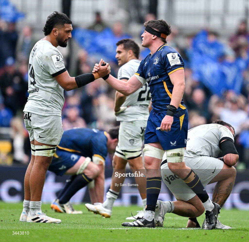 2 May 2026; Alex Soroka of Leinster and Matthias Halagahu of RC Toulon after the Investec Champions Cup semi-final match between Leinster and RC Toulon at the Aviva Stadium in Dublin. Photo by Sam Barnes/Sportsfile