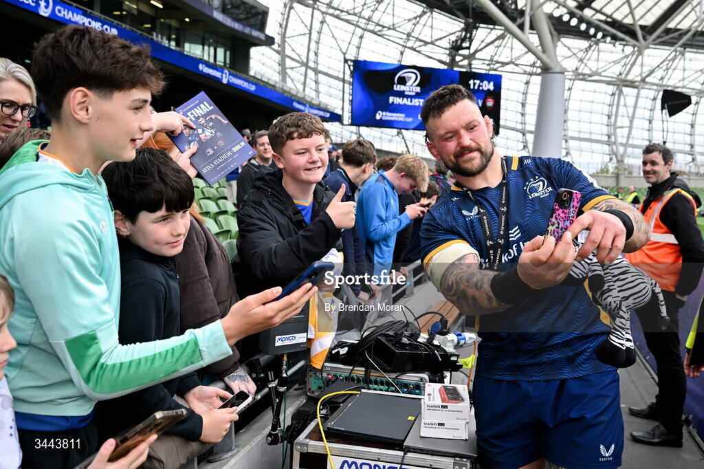 2 May 2026; Andrew Porter of Leinster with supporters after the Investec Champions Cup semi-final match between Leinster and RC Toulon at the Aviva Stadium in Dublin. Photo by Brendan Moran/Sportsfile
