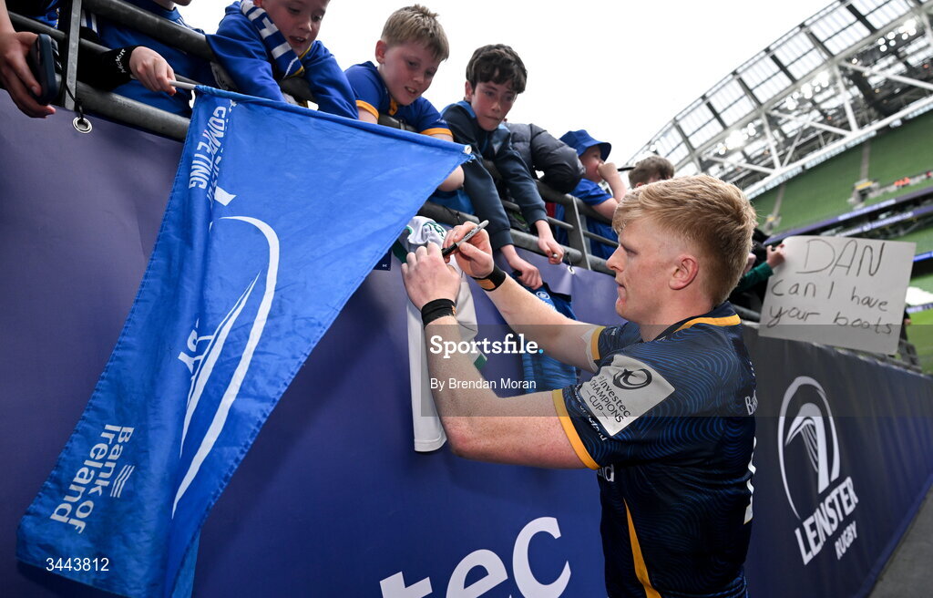 2 May 2026; Tommy O'Brien of Leinster with supporters after the Investec Champions Cup semi-final match between Leinster and RC Toulon at the Aviva Stadium in Dublin. Photo by Brendan Moran/Sportsfile