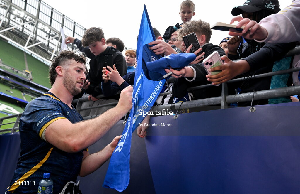 2 May 2026; Caelan Doris of Leinster with supporters after the Investec Champions Cup semi-final match between Leinster and RC Toulon at the Aviva Stadium in Dublin. Photo by Brendan Moran/Sportsfile
