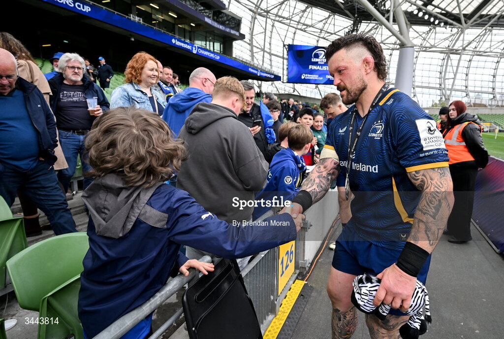 2 May 2026; Andrew Porter of Leinster with supporters after the Investec Champions Cup semi-final match between Leinster and RC Toulon at the Aviva Stadium in Dublin. Photo by Brendan Moran/Sportsfile
