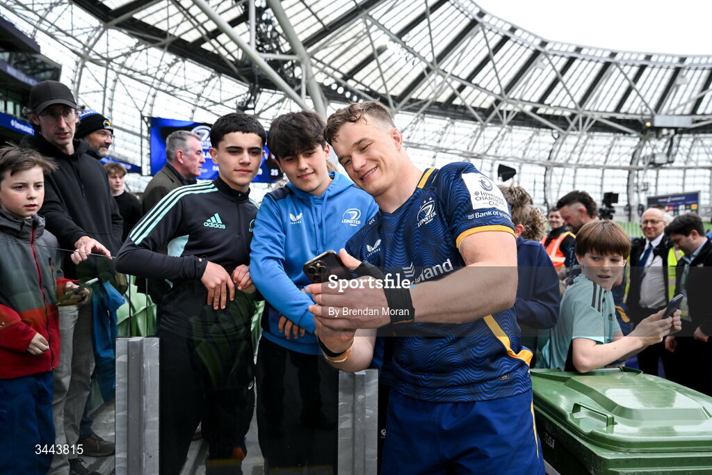 2 May 2026; Josh van der Flier of Leinster with supporters after the Investec Champions Cup semi-final match between Leinster and RC Toulon at the Aviva Stadium in Dublin. Photo by Brendan Moran/Sportsfile