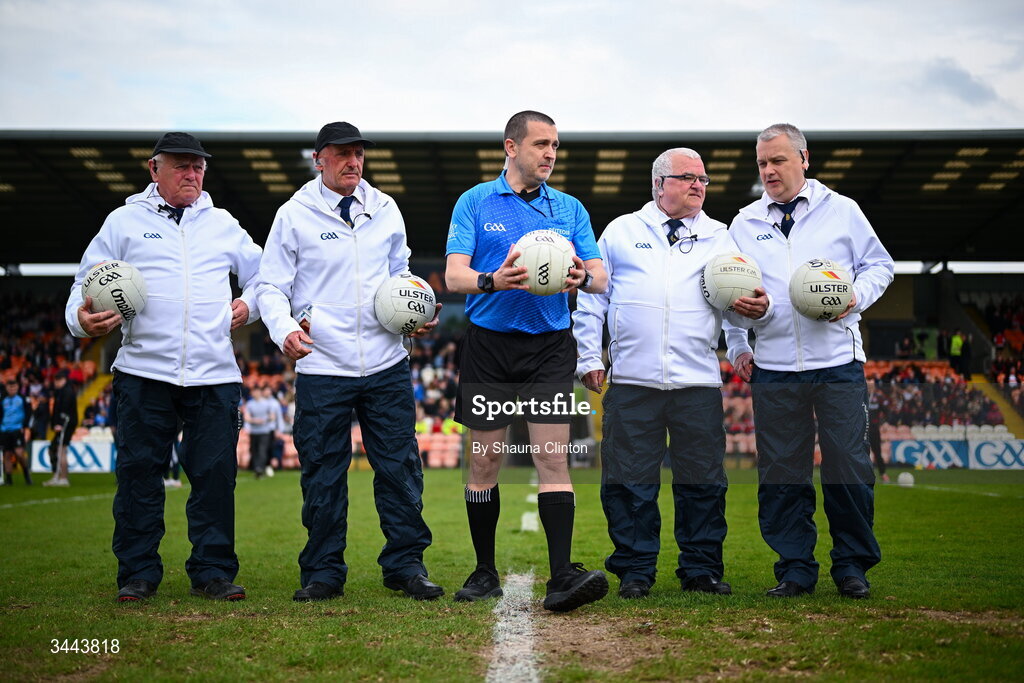 2 May 2026; Referee Noel Mooney, centre, is joined by his match officials ahead of the Ulster GAA Football Senior Championship semi-final match between Derry and Monaghan at BOX-IT Athletic Grounds in Armagh. Photo by Shauna Clinton/Sportsfile