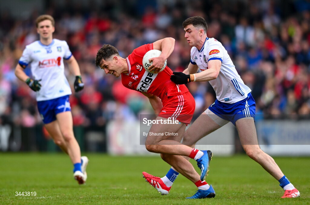 2 May 2026; Shane McGuigan of Derry in action against Micheal McCarville of Monaghan during the Ulster GAA Football Senior Championship semi-final match between Derry and Monaghan at BOX-IT Athletic Grounds in Armagh. Photo by Shauna Clinton/Sportsfile
