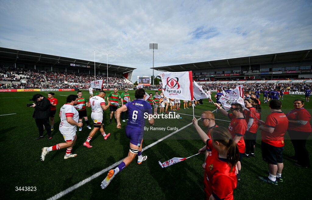 2 May 2026; Both teams run out before the EPCR Challenge Cup semi-final match between Ulster and Exeter Chiefs at Affidea Stadium in Belfast. Photo by Ramsey Cardy/Sportsfile