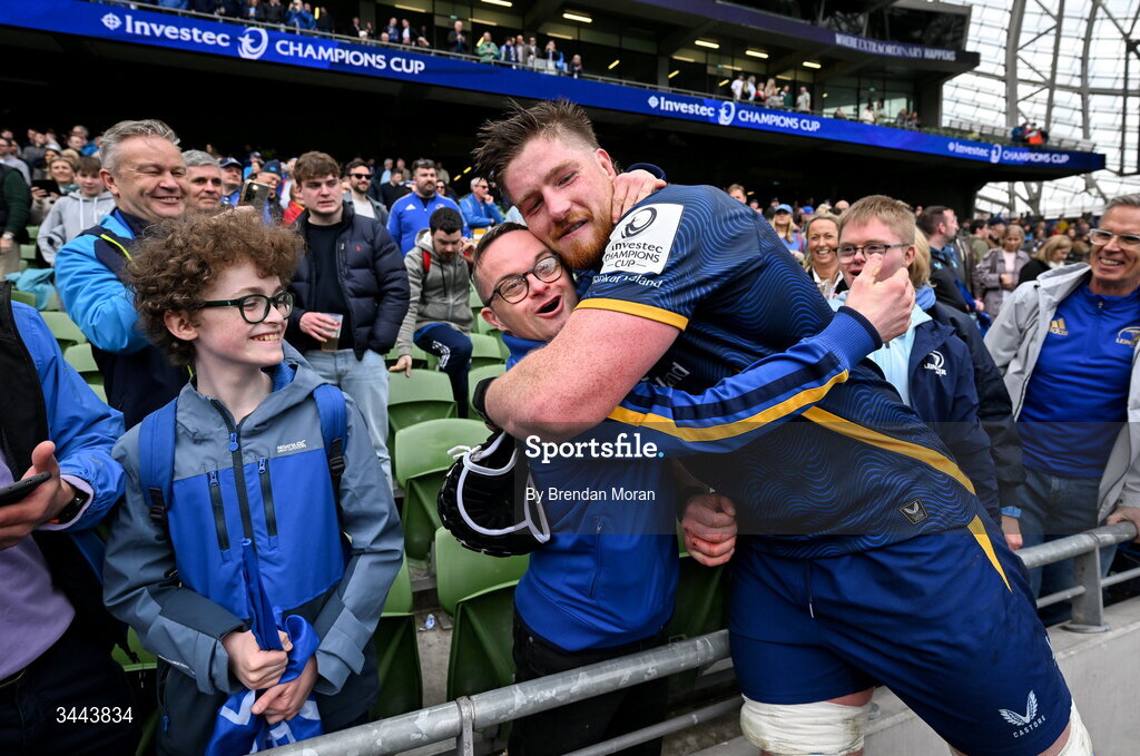 2 May 2026; Joe McCarthy of Leinster with Leinster supporter Niall Kavanagh after the Investec Champions Cup semi-final match between Leinster and RC Toulon at the Aviva Stadium in Dublin. Photo by Brendan Moran/Sportsfile