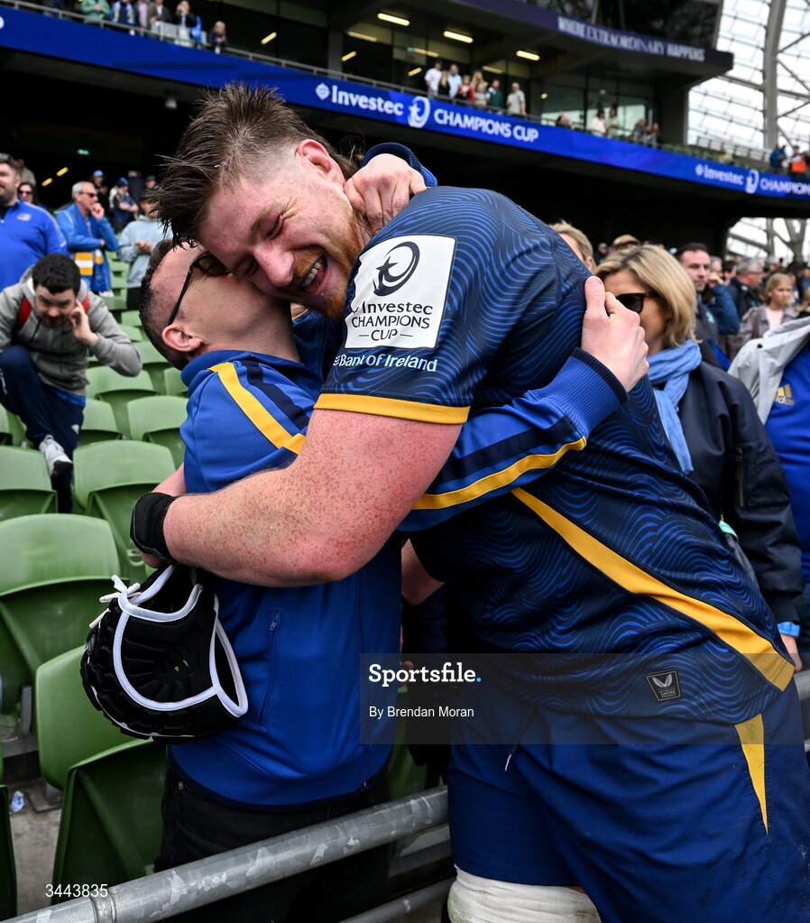 2 May 2026; Joe McCarthy of Leinster with Leinster supporter Niall Kavanagh after the Investec Champions Cup semi-final match between Leinster and RC Toulon at the Aviva Stadium in Dublin. Photo by Brendan Moran/Sportsfile