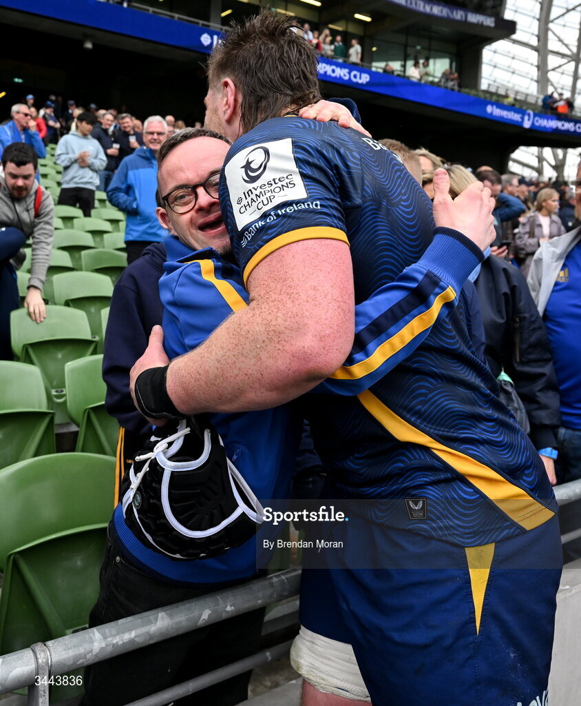 2 May 2026; Joe McCarthy of Leinster with Leinster supporter Niall Kavanagh after the Investec Champions Cup semi-final match between Leinster and RC Toulon at the Aviva Stadium in Dublin. Photo by Brendan Moran/Sportsfile