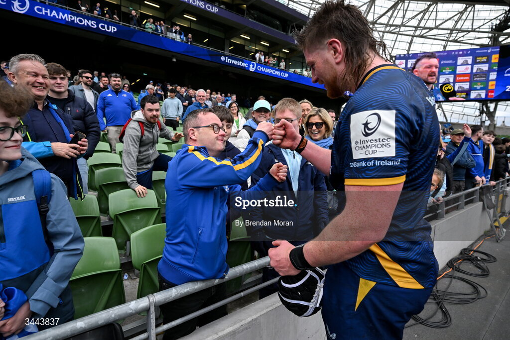 2 May 2026; Joe McCarthy of Leinster with Leinster supporter Niall Kavanagh after the Investec Champions Cup semi-final match between Leinster and RC Toulon at the Aviva Stadium in Dublin. Photo by Brendan Moran/Sportsfile