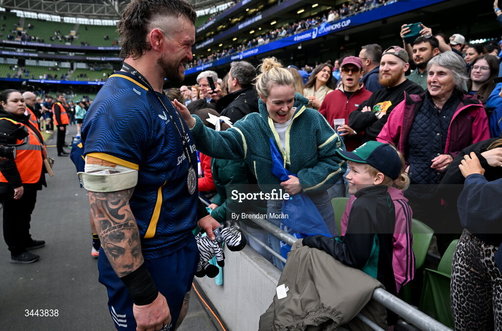 2 May 2026; Andrew Porter of Leinster with supporters after the Investec Champions Cup semi-final match between Leinster and RC Toulon at the Aviva Stadium in Dublin. Photo by Brendan Moran/Sportsfile