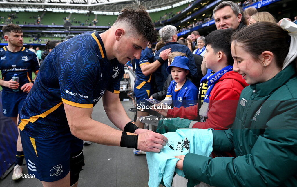 2 May 2026; Dan Sheehan of Leinster with supporters after the Investec Champions Cup semi-final match between Leinster and RC Toulon at the Aviva Stadium in Dublin. Photo by Brendan Moran/Sportsfile