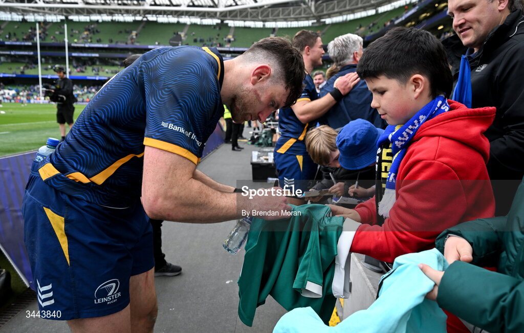 2 May 2026; Hugo Keenan of Leinster with supporters after the Investec Champions Cup semi-final match between Leinster and RC Toulon at the Aviva Stadium in Dublin. Photo by Brendan Moran/Sportsfile