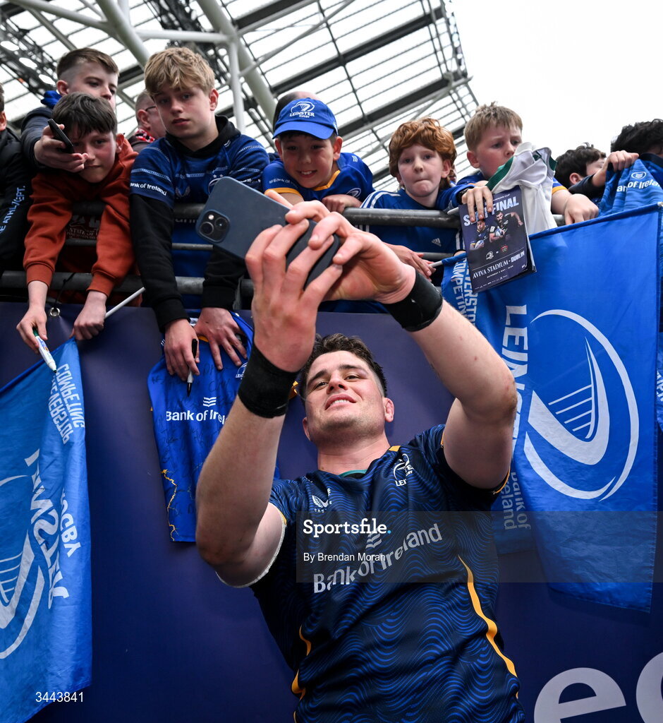 2 May 2026; Alex Soroka of Leinster with supporters after the Investec Champions Cup semi-final match between Leinster and RC Toulon at the Aviva Stadium in Dublin. Photo by Brendan Moran/Sportsfile