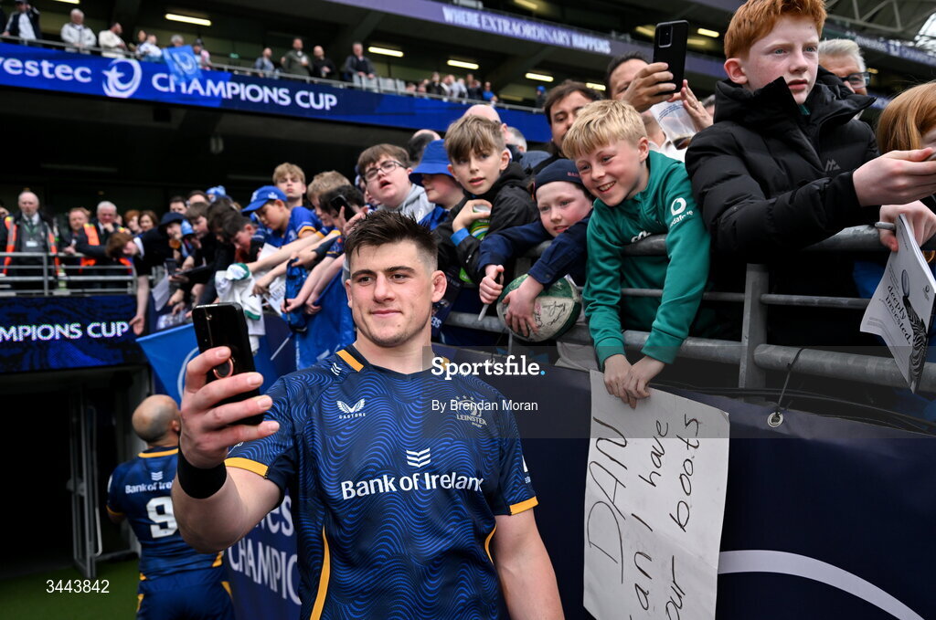 2 May 2026; Dan Sheehan of Leinster with supporters after the Investec Champions Cup semi-final match between Leinster and RC Toulon at the Aviva Stadium in Dublin. Photo by Brendan Moran/Sportsfile
