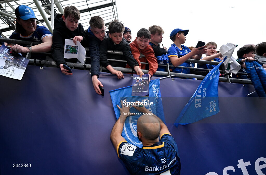 2 May 2026; Jamison Gibson-Park of Leinster with supporters after the Investec Champions Cup semi-final match between Leinster and RC Toulon at the Aviva Stadium in Dublin. Photo by Brendan Moran/Sportsfile