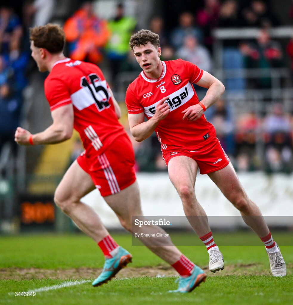 2 May 2026; Derry players Lachlan Murray, left, and Eoin McEvoy celebrate their side's second goal during the Ulster GAA Football Senior Championship semi-final match between Derry and Monaghan at BOX-IT Athletic Grounds in Armagh. Photo by Shauna Clinton/Sportsfile