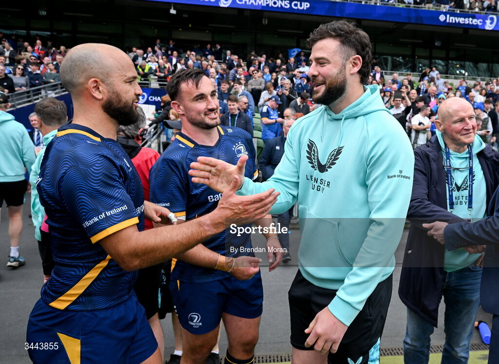 2 May 2026; Leinster players, from left, Jamison Gibson-Park, Rónan Kelleher and Robbie Henshaw after the Investec Champions Cup semi-final match between Leinster and RC Toulon at the Aviva Stadium in Dublin. Photo by Brendan Moran/Sportsfile