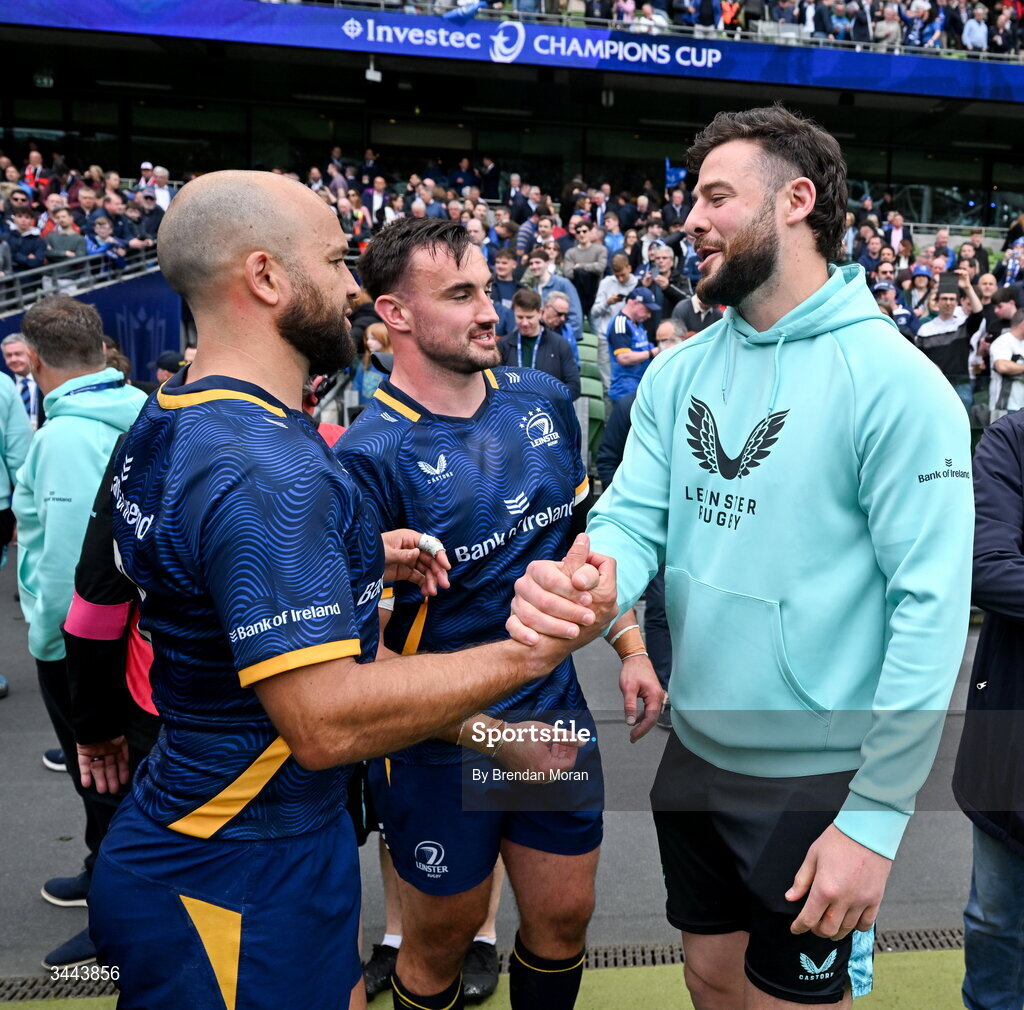 2 May 2026; Leinster players, from left, Jamison Gibson-Park, Rónan Kelleher and Robbie Henshaw after the Investec Champions Cup semi-final match between Leinster and RC Toulon at the Aviva Stadium in Dublin. Photo by Brendan Moran/Sportsfile