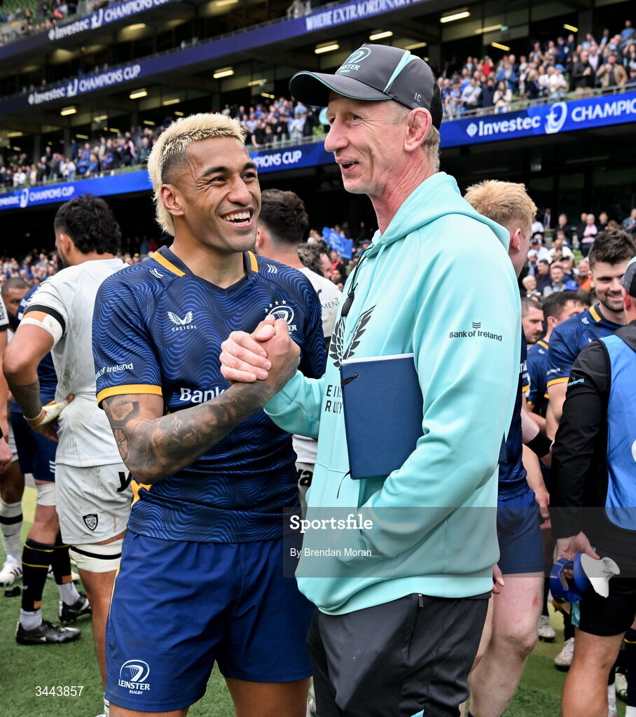2 May 2026; Rieko Ioane of Leinster and head coach Leo Cullen after the Investec Champions Cup semi-final match between Leinster and RC Toulon at the Aviva Stadium in Dublin. Photo by Brendan Moran/Sportsfile