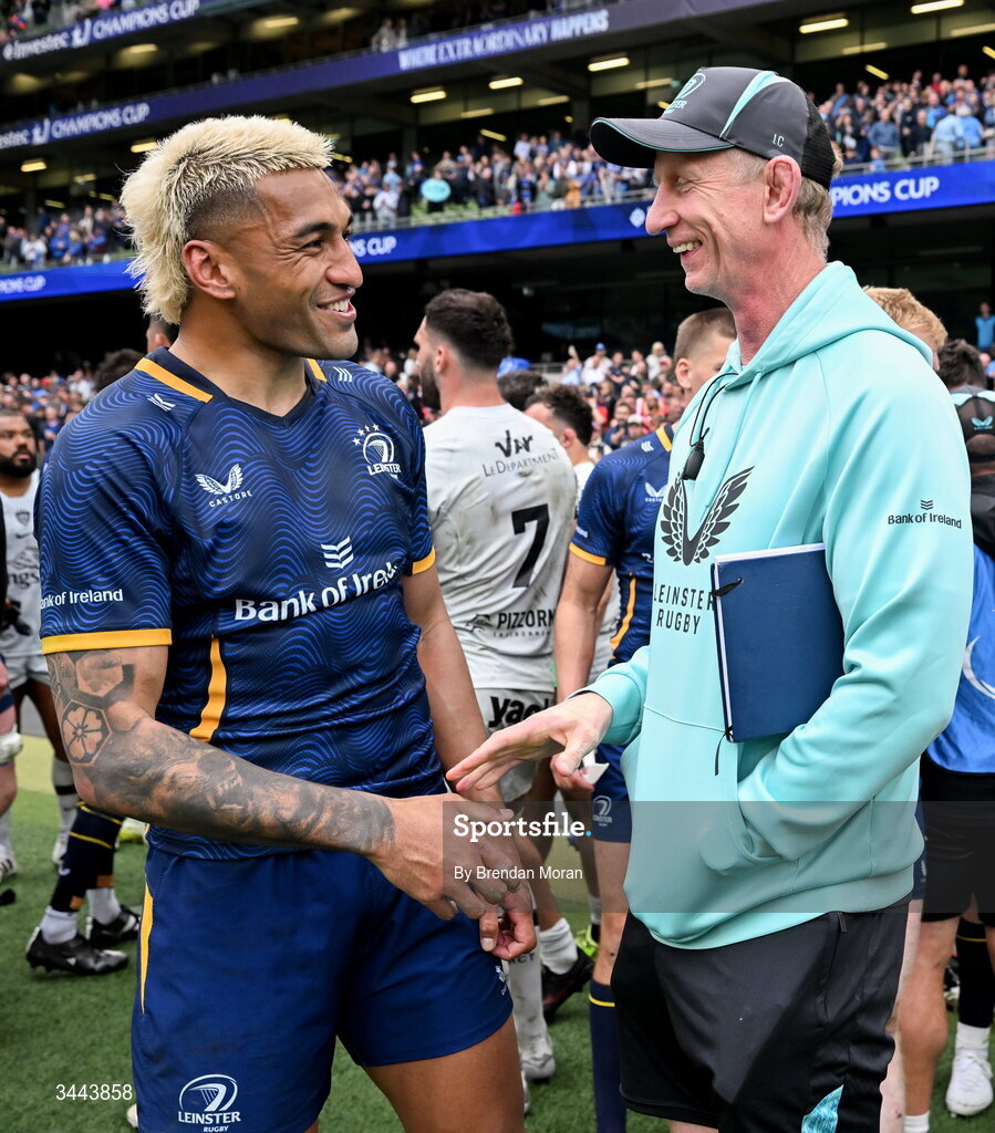2 May 2026; Rieko Ioane of Leinster and head coach Leo Cullen after the Investec Champions Cup semi-final match between Leinster and RC Toulon at the Aviva Stadium in Dublin. Photo by Brendan Moran/Sportsfile