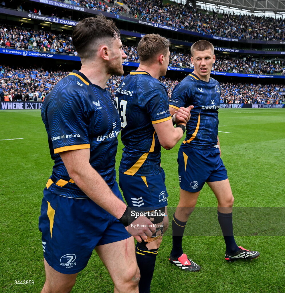 2 May 2026; Sam Prendergast of Leinster, right, with teammates Garry Ringrose, centre, and Hugo Keenan after the Investec Champions Cup semi-final match between Leinster and RC Toulon at the Aviva Stadium in Dublin. Photo by Brendan Moran/Sportsfile