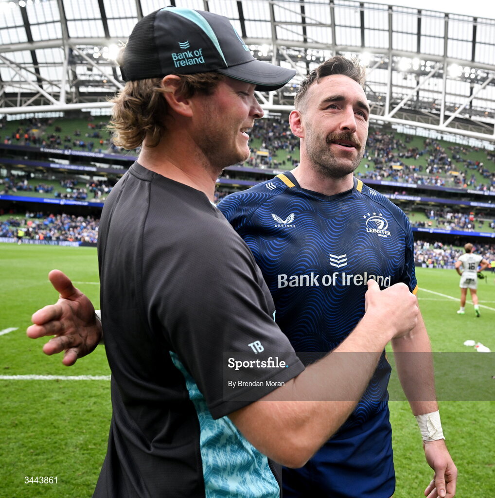 2 May 2026; Jack Conan of Leinster with Leinster assistant coach Tyler Bleyendaal during the Investec Champions Cup semi-final match between Leinster and RC Toulon at the Aviva Stadium in Dublin. Photo by Brendan Moran/Sportsfile