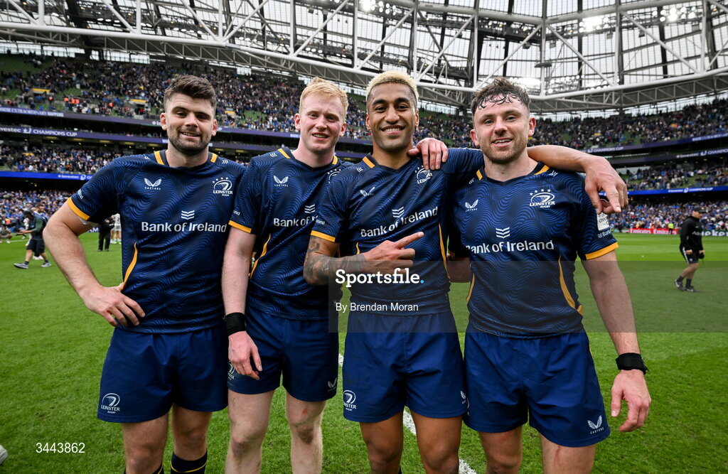 2 May 2026; Leinster players, from left, Harry Byrne, Jamie Osborne, Rieko Ioane and Hugo Keenan after the Investec Champions Cup semi-final match between Leinster and RC Toulon at the Aviva Stadium in Dublin. Photo by Brendan Moran/Sportsfile