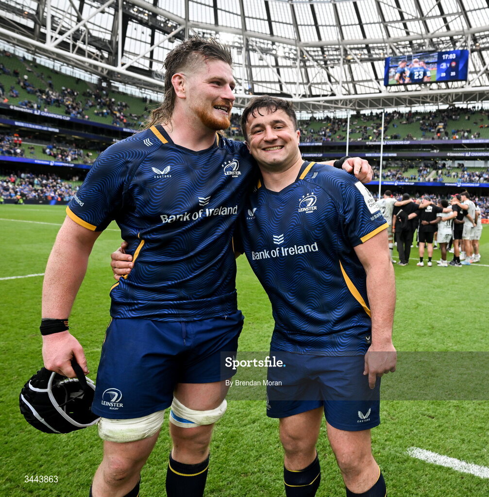 2 May 2026; Joe McCarthy, left, and Thomas Clarkson of Leinster after the Investec Champions Cup semi-final match between Leinster and RC Toulon at the Aviva Stadium in Dublin. Photo by Brendan Moran/Sportsfile