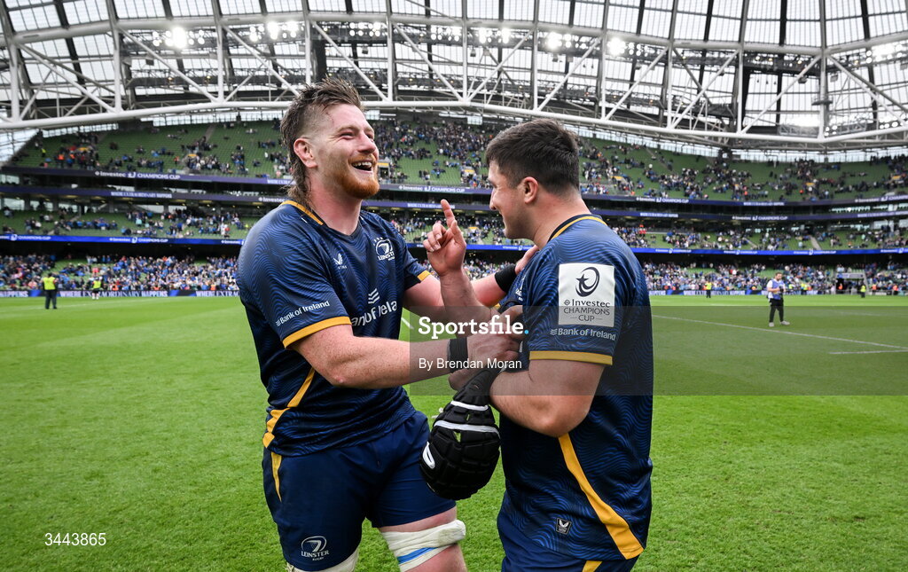 2 May 2026; Joe McCarthy, left, and Thomas Clarkson of Leinster after the Investec Champions Cup semi-final match between Leinster and RC Toulon at the Aviva Stadium in Dublin. Photo by Brendan Moran/Sportsfile