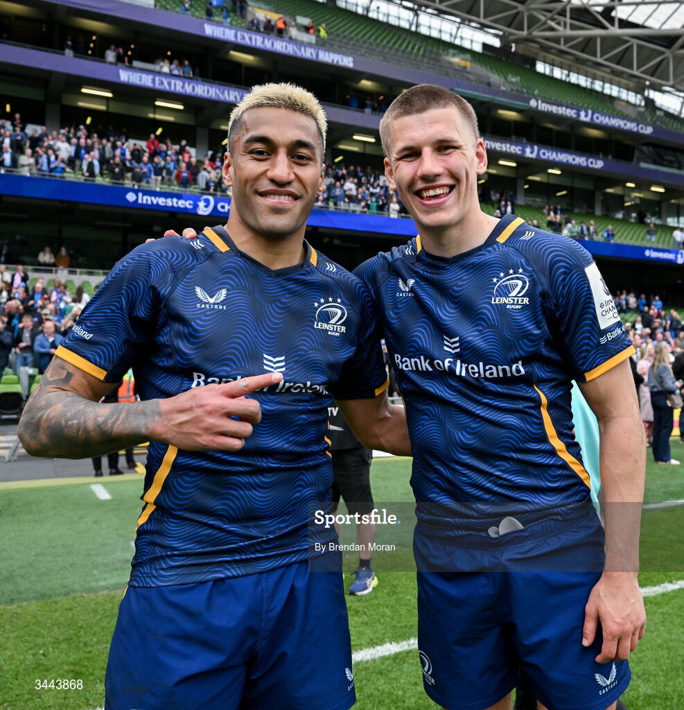 2 May 2026; Rieko Ioane, left, and Sam Prendergast of Leinster after the Investec Champions Cup semi-final match between Leinster and RC Toulon at the Aviva Stadium in Dublin. Photo by Brendan Moran/Sportsfile