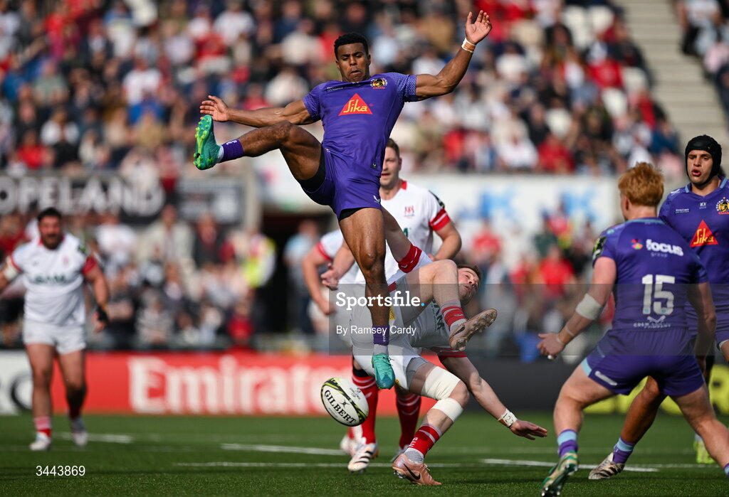 2 May 2026; Immanuel Feyi-Waboso of Exeter Chiefs and Zac Ward of Ulster during the EPCR Challenge Cup semi-final match between Ulster and Exeter Chiefs at Affidea Stadium in Belfast. Photo by Ramsey Cardy/Sportsfile