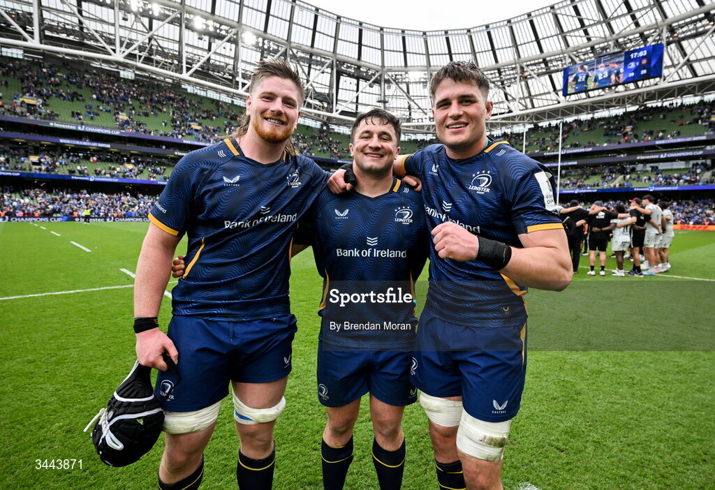 2 May 2026; Leinster players, from left, Joe McCarthy, Thomas Clarkson and Alex Soroka after the Investec Champions Cup semi-final match between Leinster and RC Toulon at the Aviva Stadium in Dublin. Photo by Brendan Moran/Sportsfile