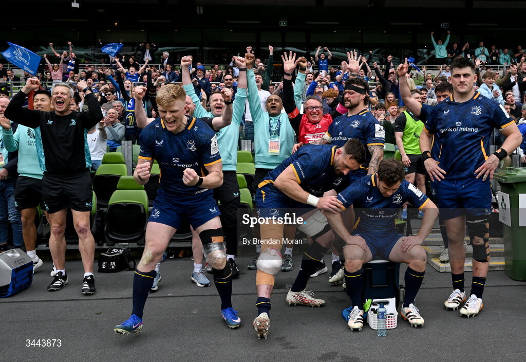 2 May 2026; Tommy O'Brien of Leinster, left, and teammates celebrate after during the Investec Champions Cup semi-final match between Leinster and RC Toulon at the Aviva Stadium in Dublin. Photo by Brendan Moran/Sportsfile