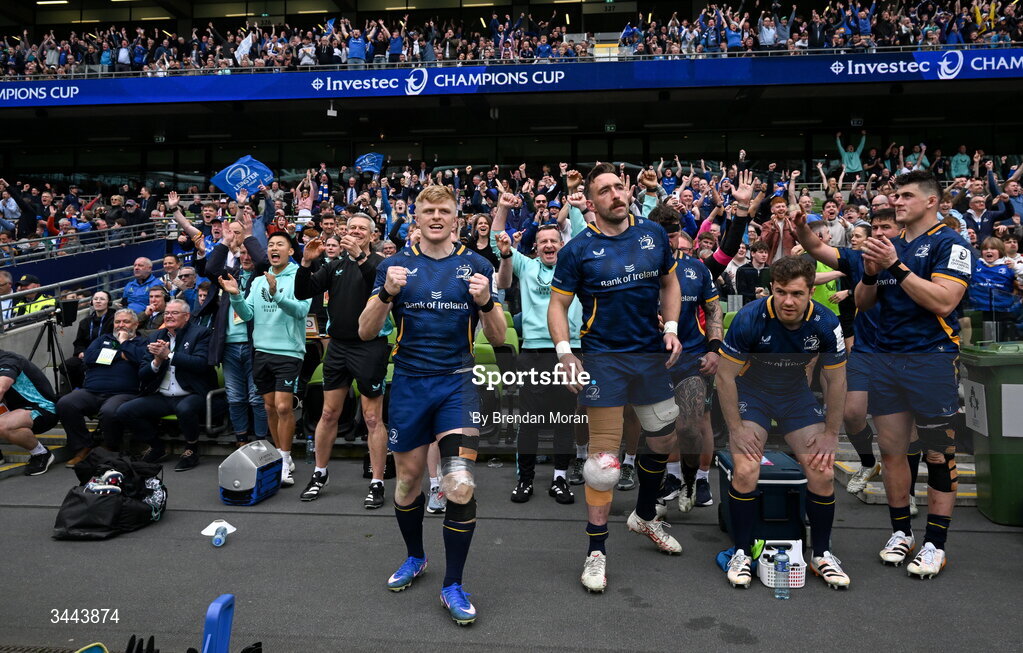 2 May 2026; Tommy O'Brien of Leinster, left, and teammates celebrate after during the Investec Champions Cup semi-final match between Leinster and RC Toulon at the Aviva Stadium in Dublin. Photo by Brendan Moran/Sportsfile