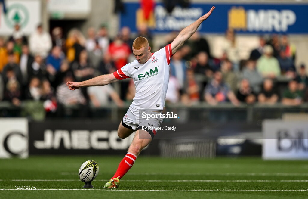 2 May 2026; Nathan Doak of Ulster kicks a penalty during the EPCR Challenge Cup semi-final match between Ulster and Exeter Chiefs at Affidea Stadium in Belfast. Photo by Ramsey Cardy/Sportsfile