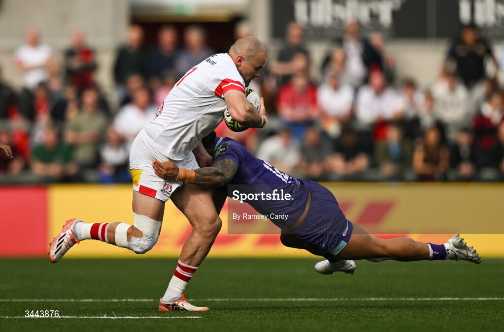 2 May 2026; Jacob Stockdale of Ulster is tackled by Len Ikitau of Exeter Chiefs during the EPCR Challenge Cup semi-final match between Ulster and Exeter Chiefs at Affidea Stadium in Belfast. Photo by Ramsey Cardy/Sportsfile