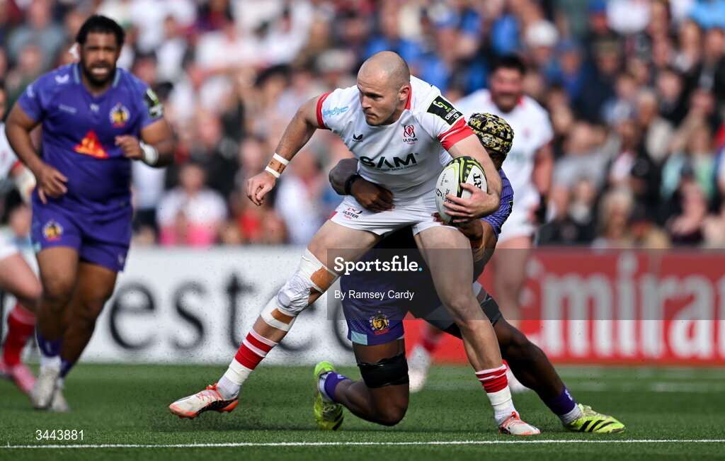 2 May 2026; Jacob Stockdale of Ulster is tackled by Christ Tshiunza of Exeter Chiefs during the EPCR Challenge Cup semi-final match between Ulster and Exeter Chiefs at Affidea Stadium in Belfast. Photo by Ramsey Cardy/Sportsfile